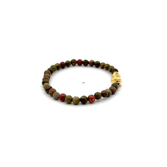 18K Gold Pixiu Piyao Bracelet Gemstone Mini Beads Unakite 4mm - Picture 5 of 5
